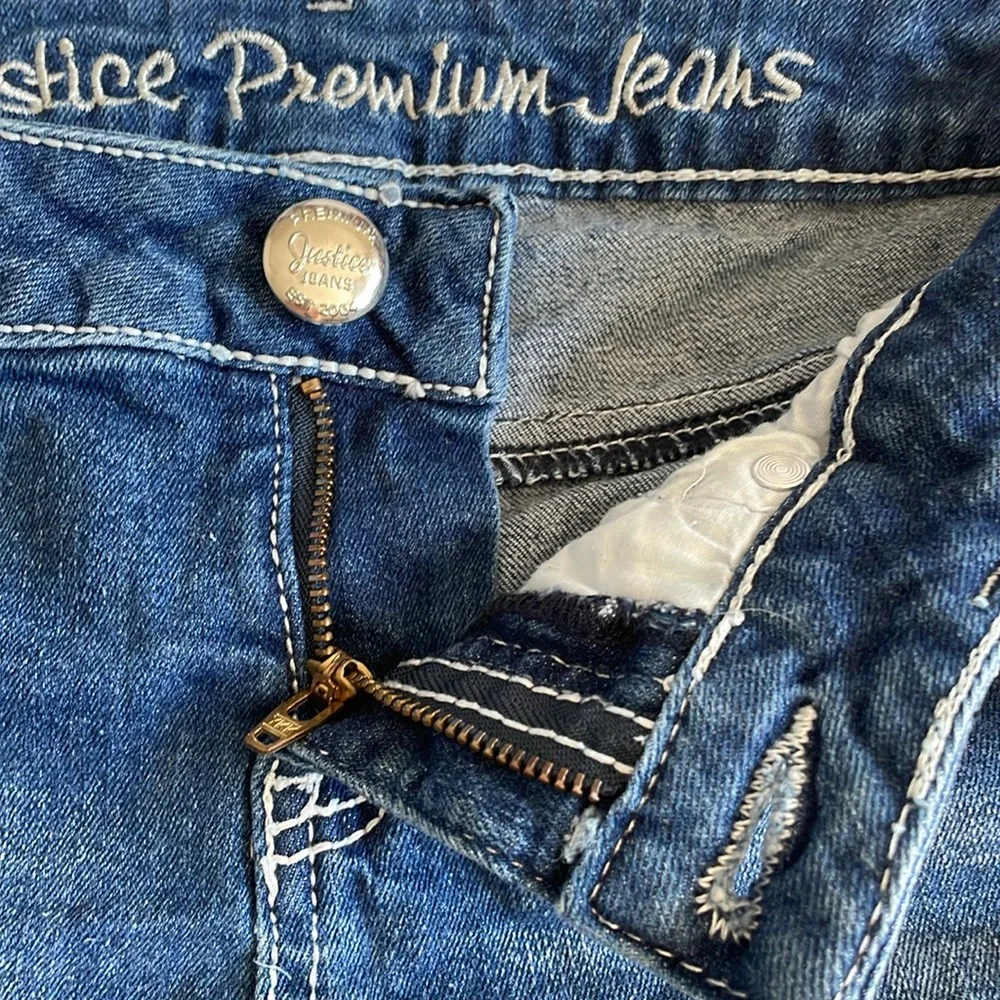 Justice denim jean shorts with red, blue & silver sequins. Girls size 10